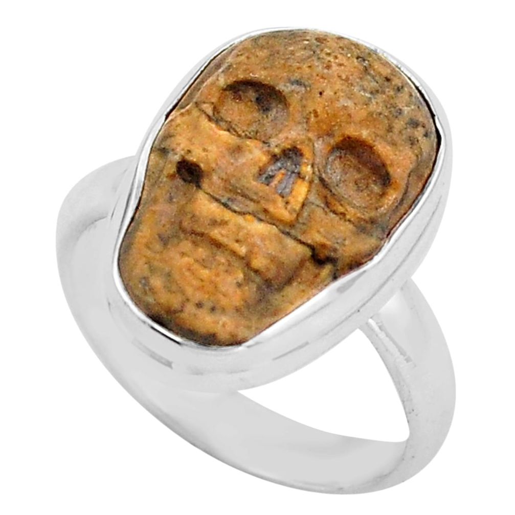 9.29cts natural brown picture jasper silver skull solitaire ring size 8 p88205