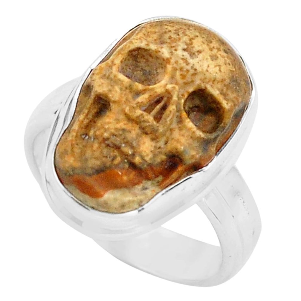 9.86cts natural brown picture jasper silver skull solitaire ring size 7 p88207