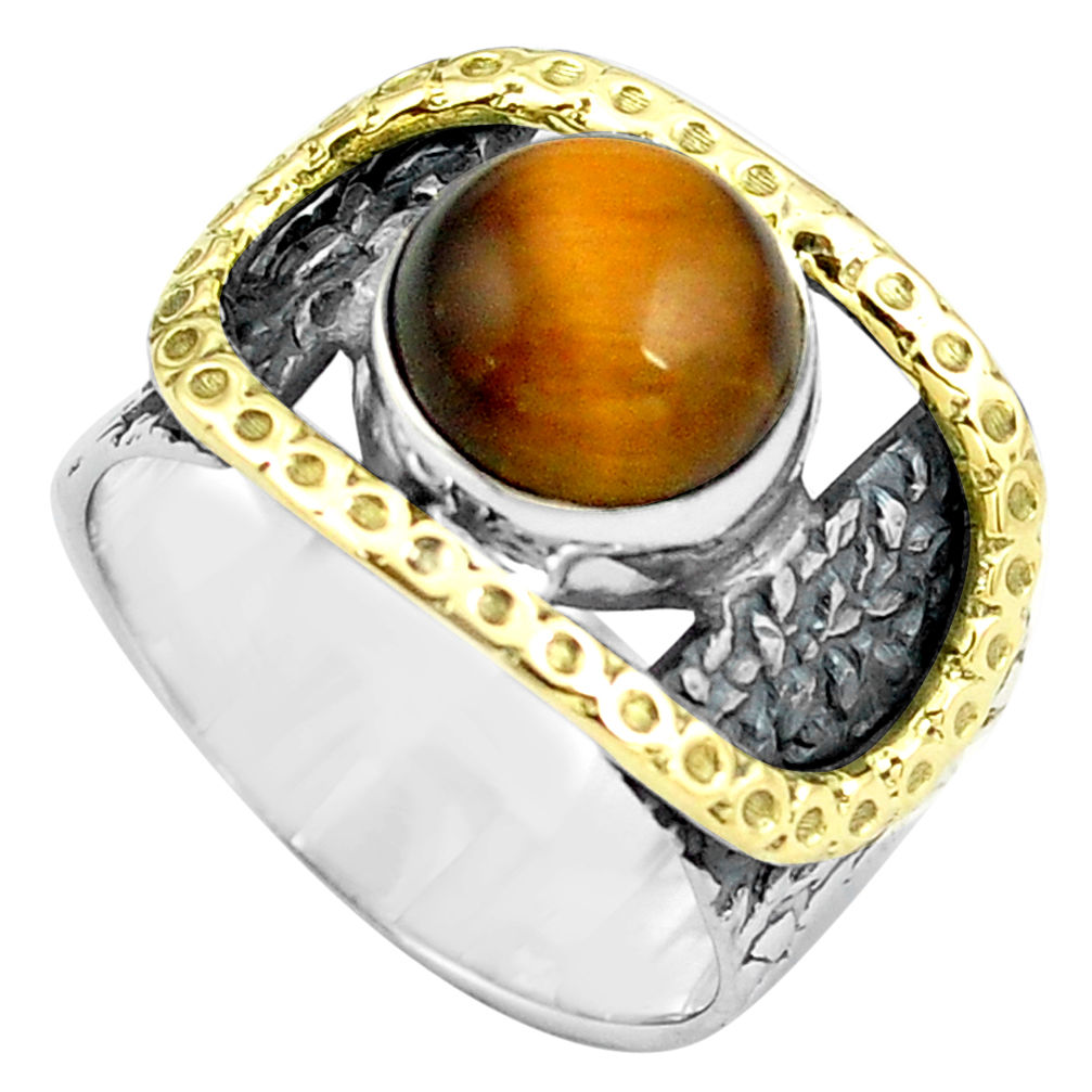 5.62cts natural brown tiger's eye 925 silver gold solitaire ring size 7 p87953