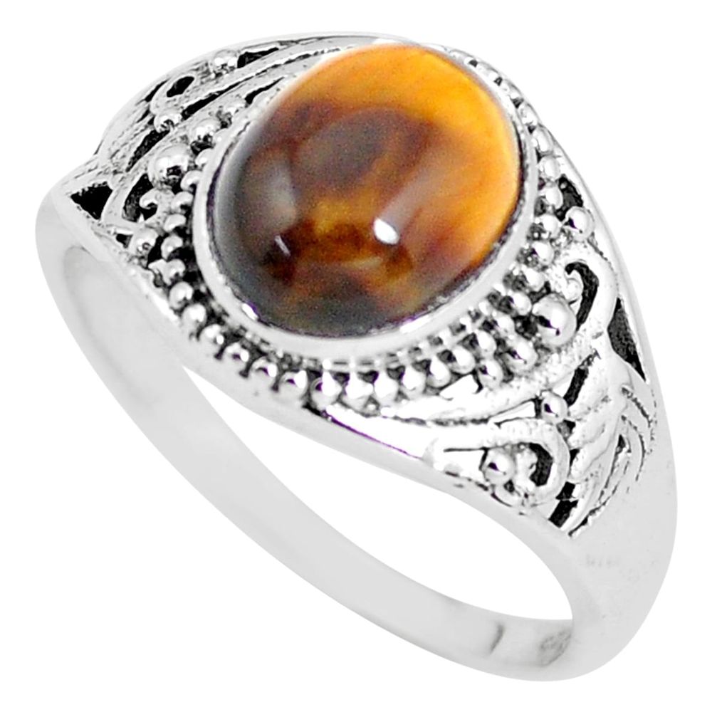 4.40cts natural brown tiger's eye 925 silver solitaire ring size 9 p56056