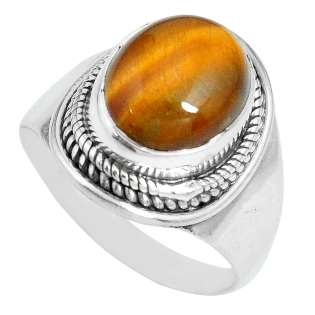 5.18cts natural brown tiger's eye 925 silver solitaire ring size 8 p70261