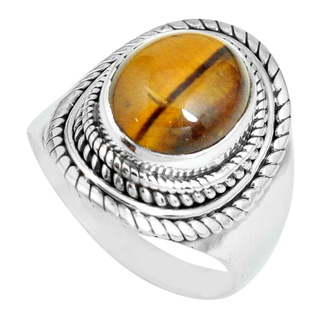 5.01cts natural brown tiger's eye 925 silver solitaire ring size 9 p70265