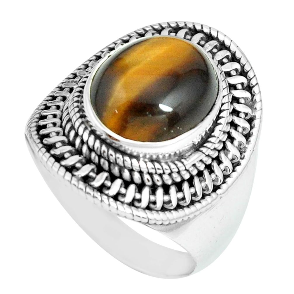 5.18cts natural brown tiger's eye 925 silver solitaire ring size 8 p70267