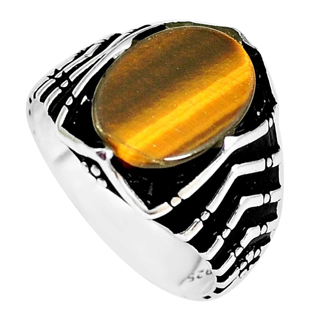 5.87cts natural brown tiger's eye 925 sterling silver mens ring size 10 c2950