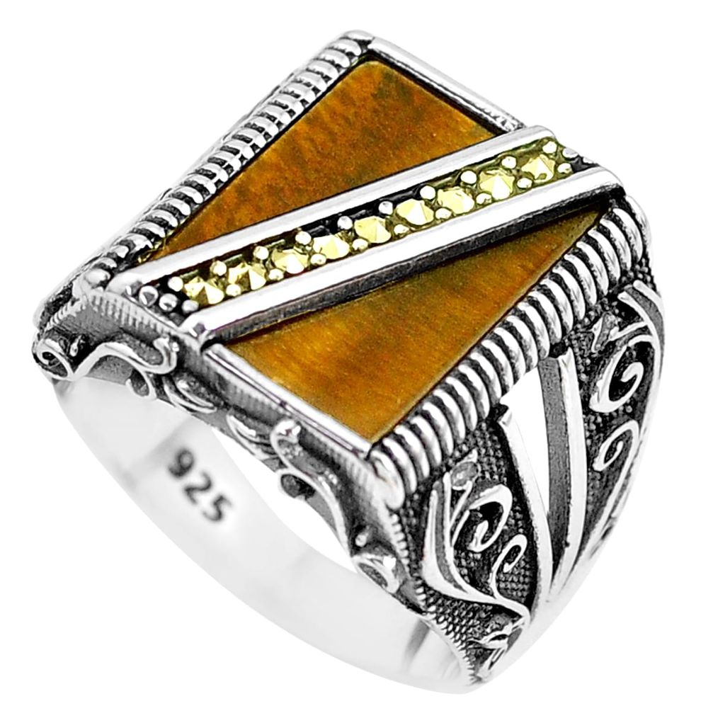 11.63cts natural brown tiger's eye marcasite 925 silver mens ring size 9.5 c1028