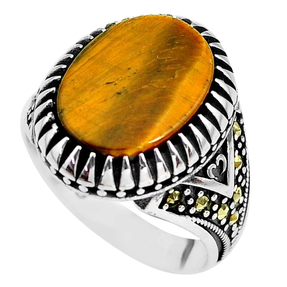 9.64cts natural brown tiger's eye marcasite 925 silver mens ring size 10.5 c1029