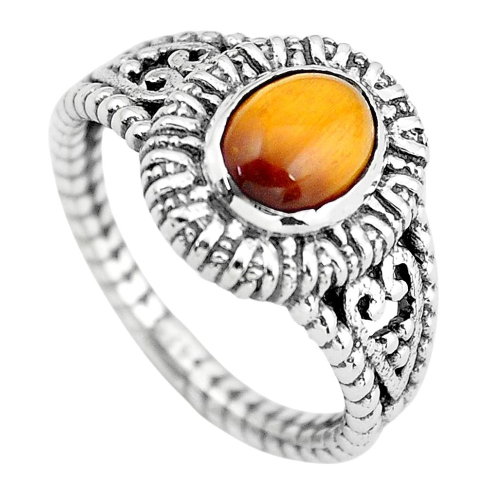 2.13cts natural brown tiger's eye oval 925 silver solitaire ring size 7 p55766