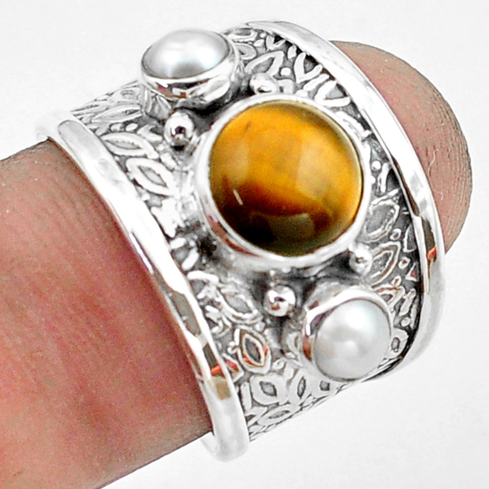 5.01cts natural brown tiger's eye pearl 925 sterling silver ring size 6.5 p74830