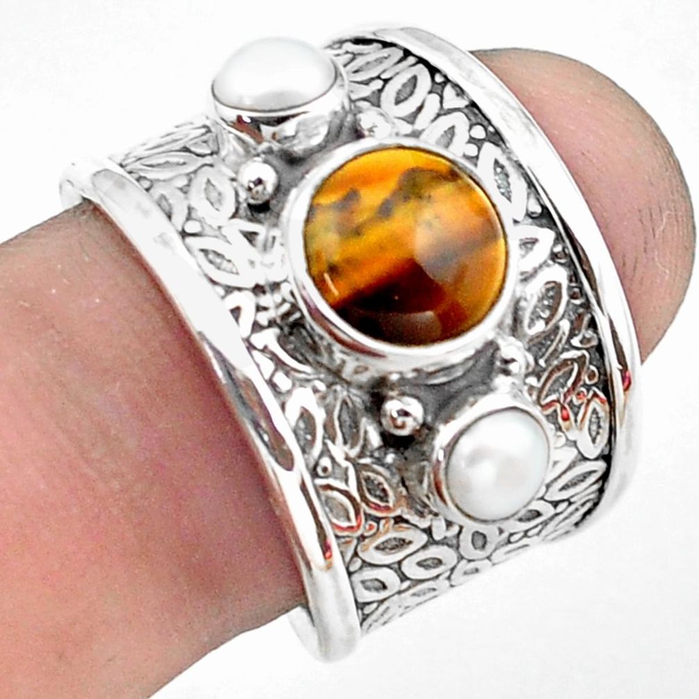 5.35cts natural brown tiger's eye pearl 925 sterling silver ring size 8 p74831