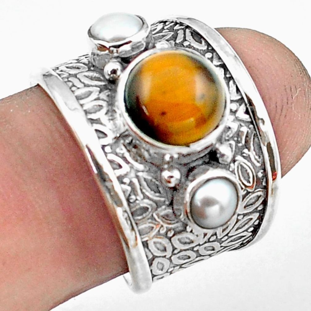 5.18cts natural brown tiger's eye pearl 925 sterling silver ring size 7 p74832