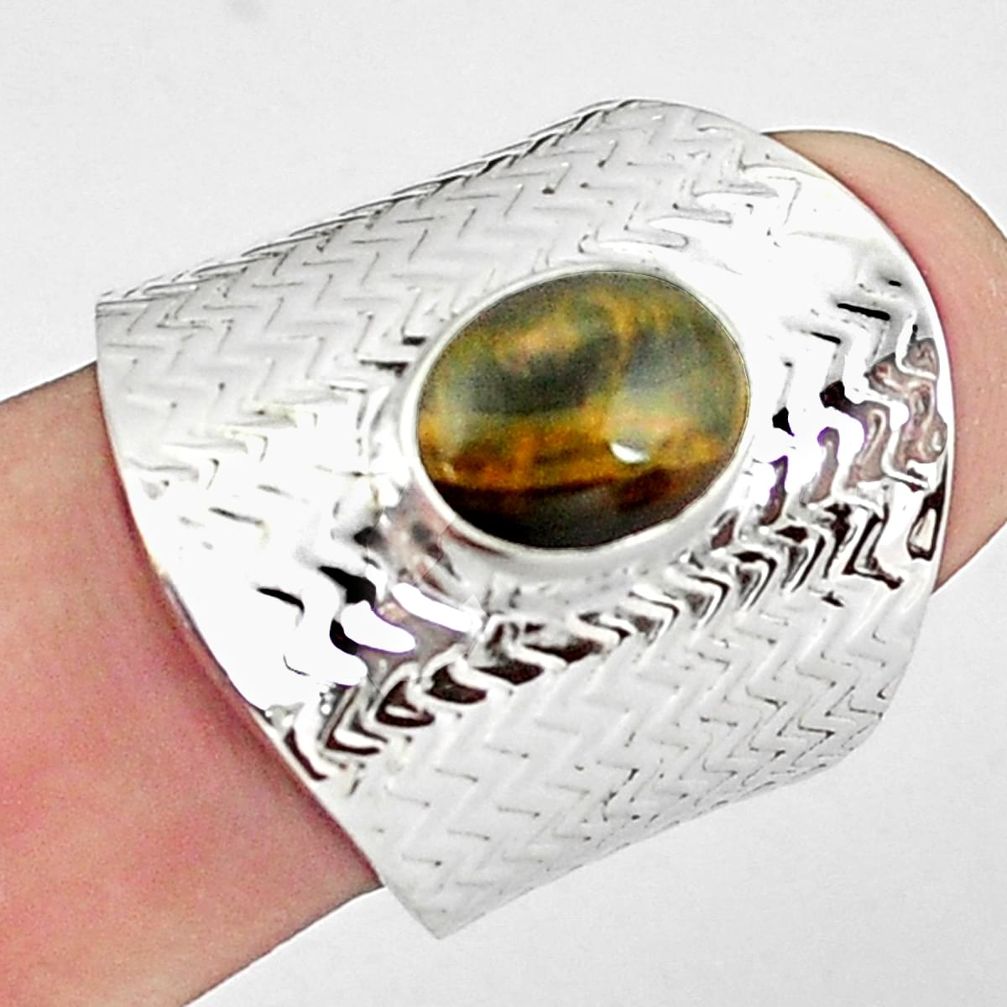 3.01cts natural brown tiger's hawks eye silver adjustable ring size 7.5 p57147