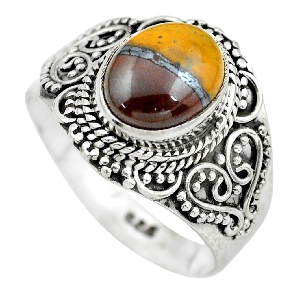 4.40cts natural brown tiger's hawks eye silver solitaire ring size 8.5 p61524