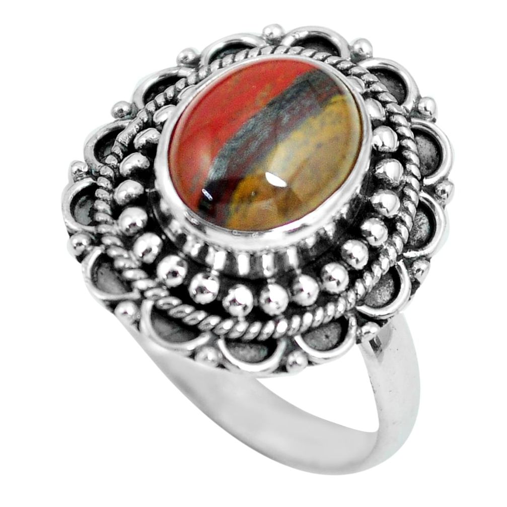 4.51cts natural brown tiger's hawks eye silver solitaire ring size 8.5 p63292