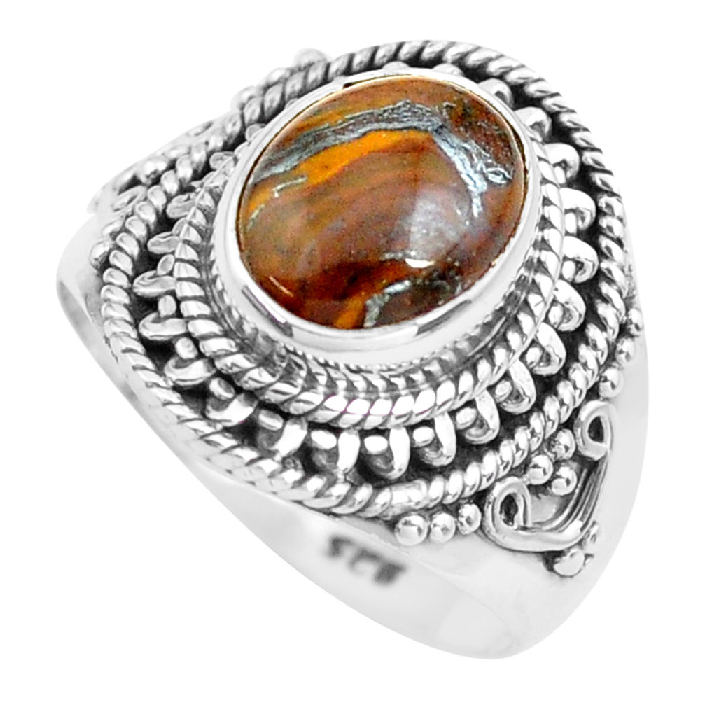4.22cts natural brown tiger's hawks eye silver solitaire ring size 6.5 p71747