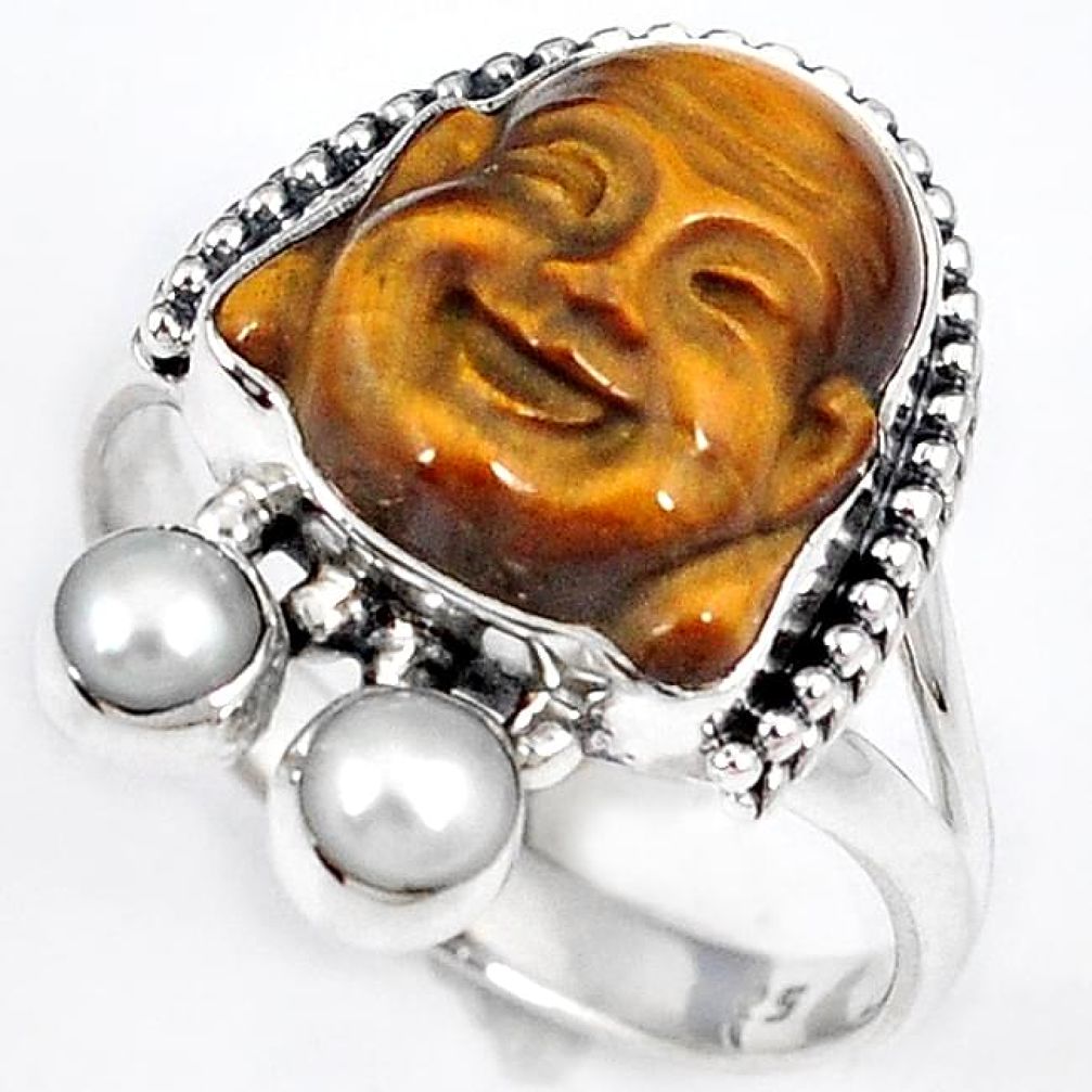 NATURAL BROWN TIGERS EYE 925 SILVER LAUGHING BUDDHA RING JEWELRY SIZE 9.5 H23626