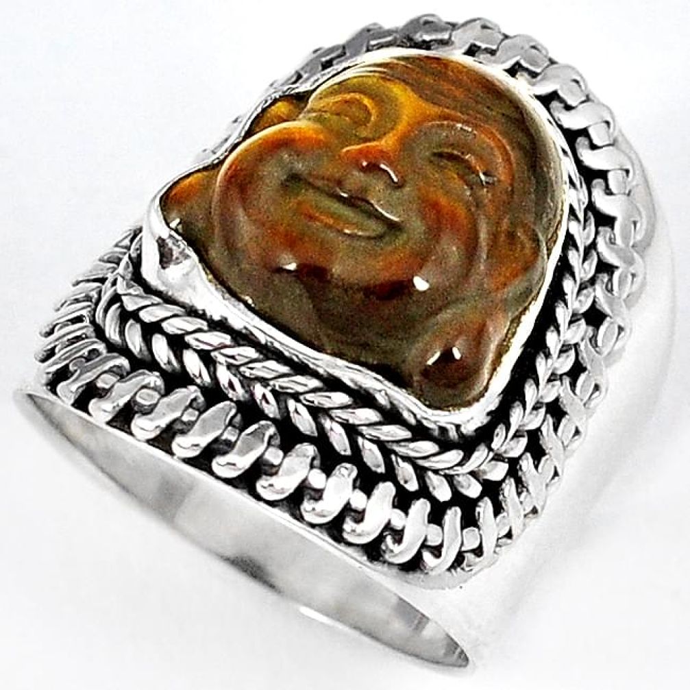 NATURAL BROWN TIGERS EYE 925 SILVER LAUGHING BUDDHA RING JEWELRY SIZE 6.5 H23637