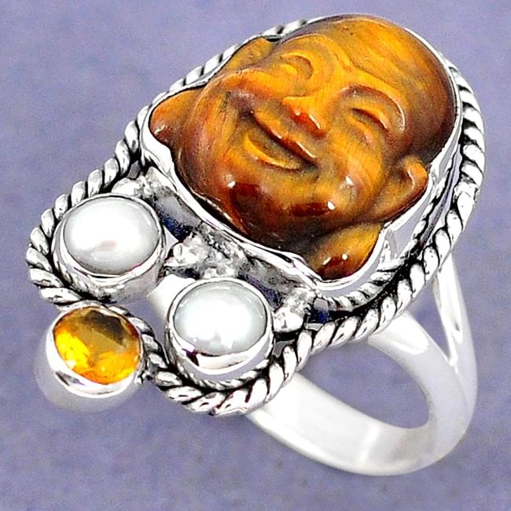 NATURAL BROWN TIGERS EYE 925 SILVER LAUGHING BUDDHA RING JEWELRY SIZE 8 H8673