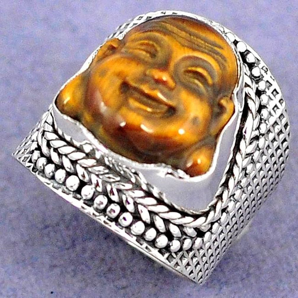 NATURAL BROWN TIGERS EYE 925 SILVER LAUGHING BUDDHA RING JEWELRY SIZE 6 H8676