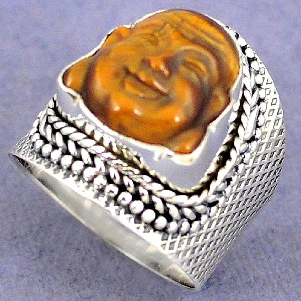 NATURAL BROWN TIGERS EYE 925 SILVER LAUGHING BUDDHA RING JEWELRY SIZE 7 H8677