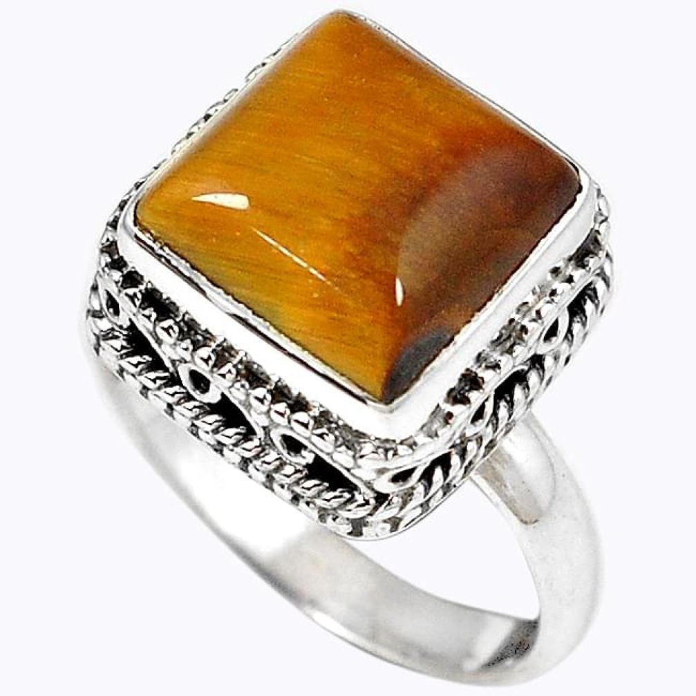 Natural brown tigers eye 925 sterling silver solitaire ring size 7.5 h67189