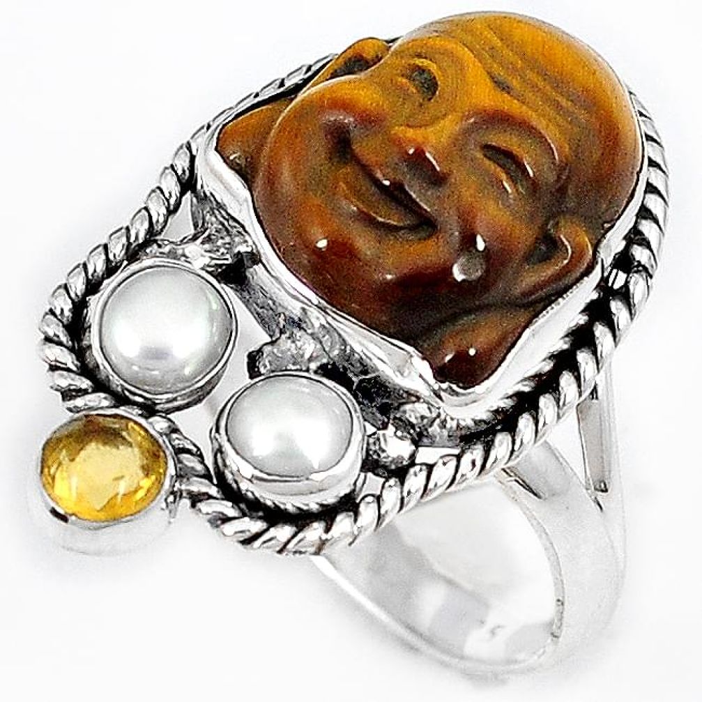 NATURAL BROWN TIGERS EYE CITRINE 925 SILVER LAUGHING BUDDHA RING SIZE 9 H23633