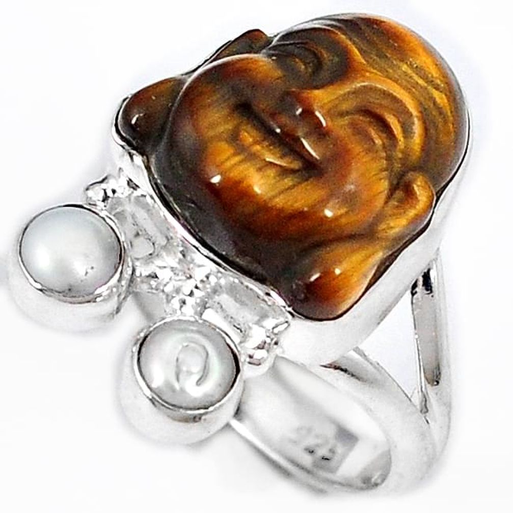 NATURAL BROWN TIGERS EYE PEARL 925 SILVER LAUGHING BUDDHA RING SIZE 6 H23621