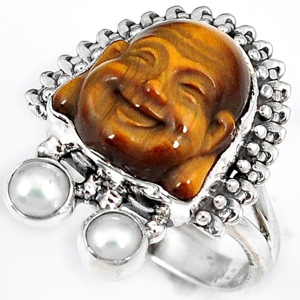 NATURAL BROWN TIGERS EYE PEARL 925 SILVER LAUGHING BUDDHA RING SIZE 7.5 H23623