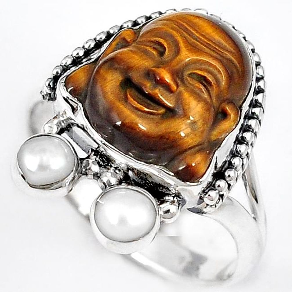 NATURAL BROWN TIGERS EYE PEARL 925 SILVER LAUGHING BUDDHA RING SIZE 9.5 H23627