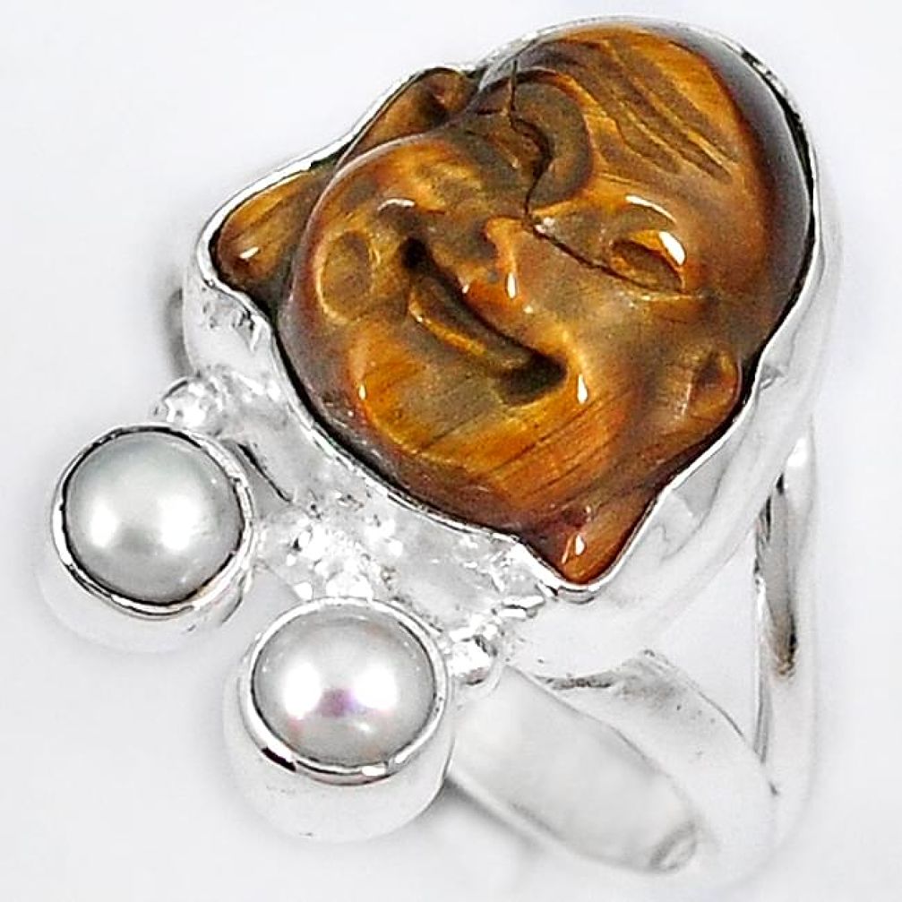 NATURAL BROWN TIGERS EYE PEARL 925 SILVER LAUGHING BUDDHA RING SIZE 6.5 H23628