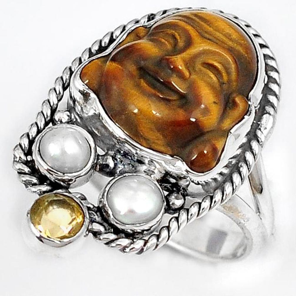 NATURAL BROWN TIGERS EYE PEARL 925 SILVER LAUGHING BUDDHA RING SIZE 7 H23629