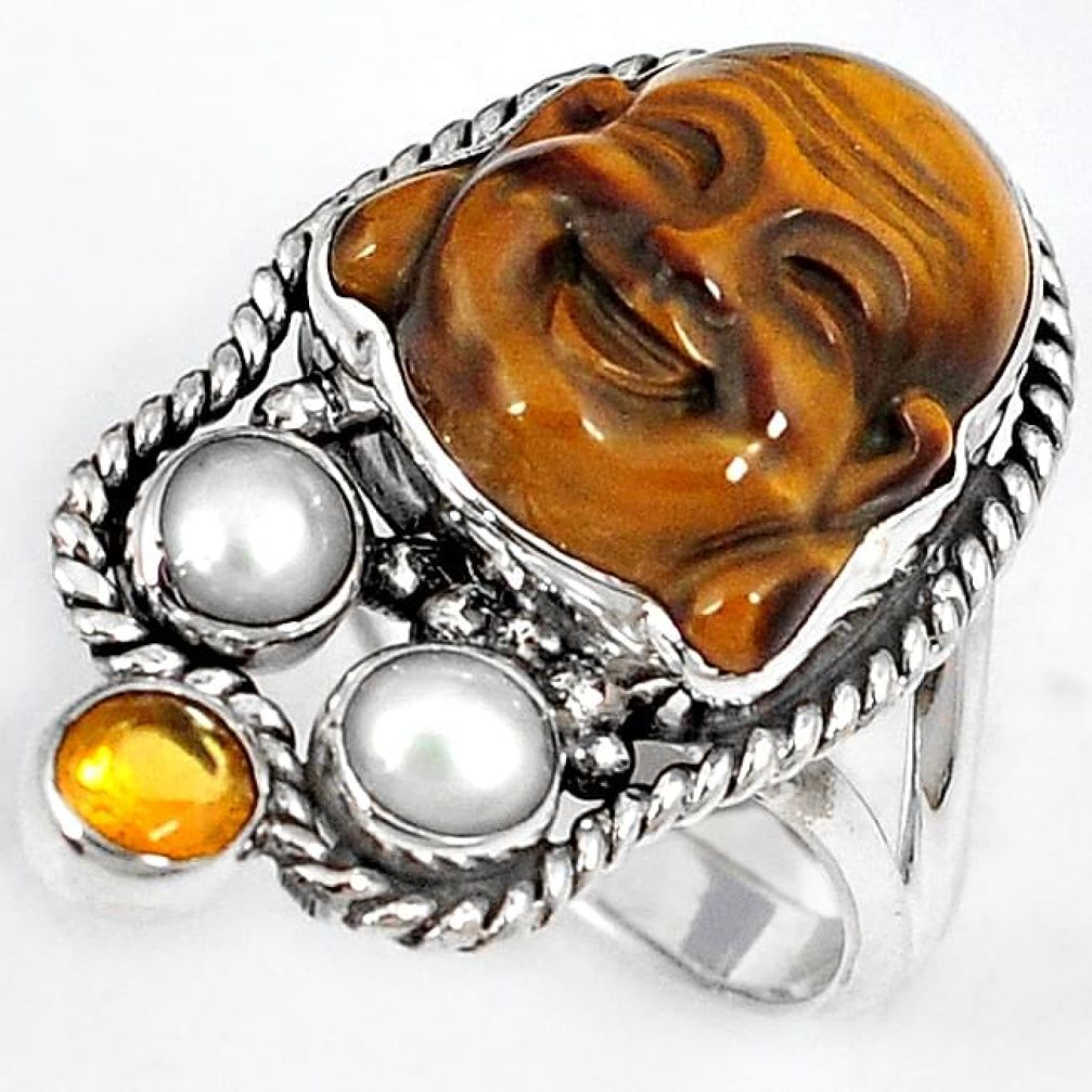 NATURAL BROWN TIGERS EYE PEARL 925 SILVER LAUGHING BUDDHA RING SIZE 6.5 H23632