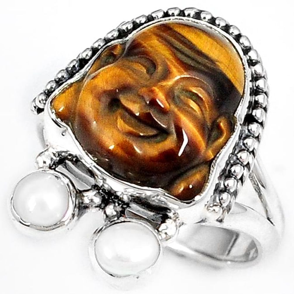 NATURAL BROWN TIGERS EYE PEARL 925 SILVER LAUGHING BUDDHA RING SIZE 7 H23634