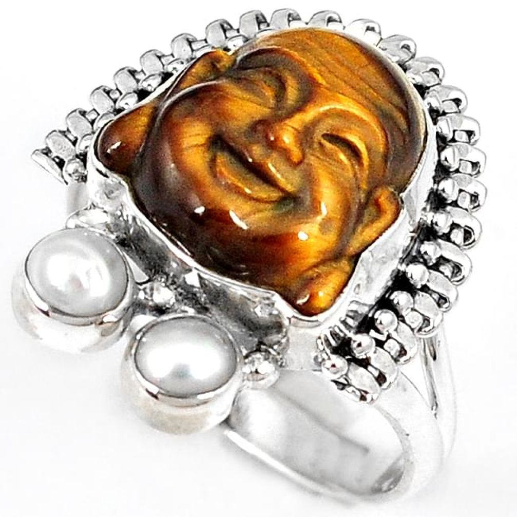 NATURAL BROWN TIGERS EYE PEARL 925 SILVER LAUGHING BUDDHA RING SIZE 8.5 H23635