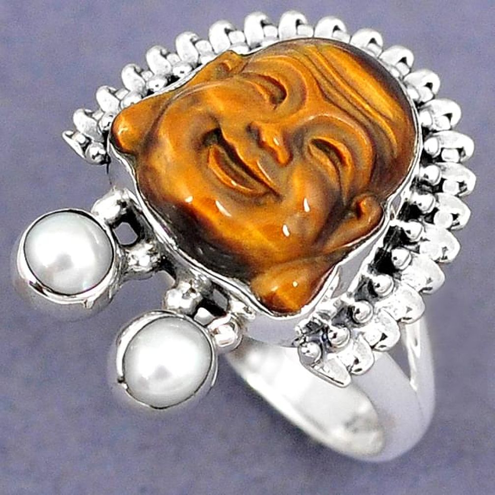 NATURAL BROWN TIGERS EYE PEARL 925 SILVER LAUGHING BUDDHA RING SIZE 7 H8674