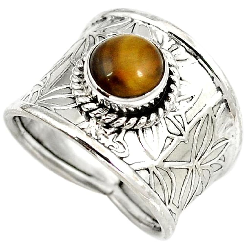 Natural brown tigers eye round 925 sterling silver ring jewelry size 7 h68631