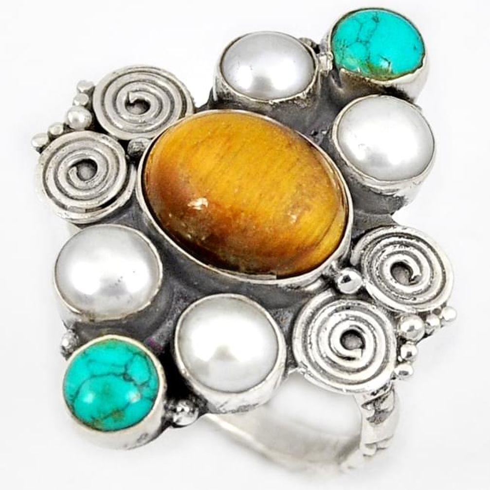 NATURAL BROWN TIGERS EYE TURQUOISE PEARL 925 STERLING SILVER RING SIZE 8 H23913
