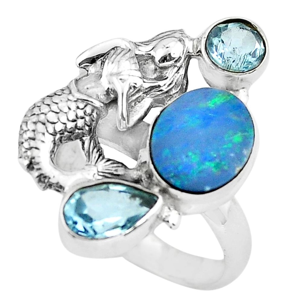 Natural doublet opal australian 925 silver fairy mermaid ring size 7.5 p61021