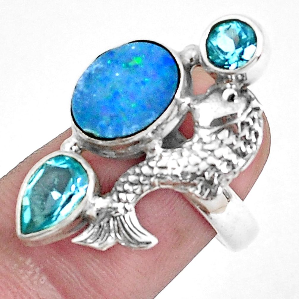 5.18cts natural doublet opal australian 925 silver fish ring size 6.5 p42729