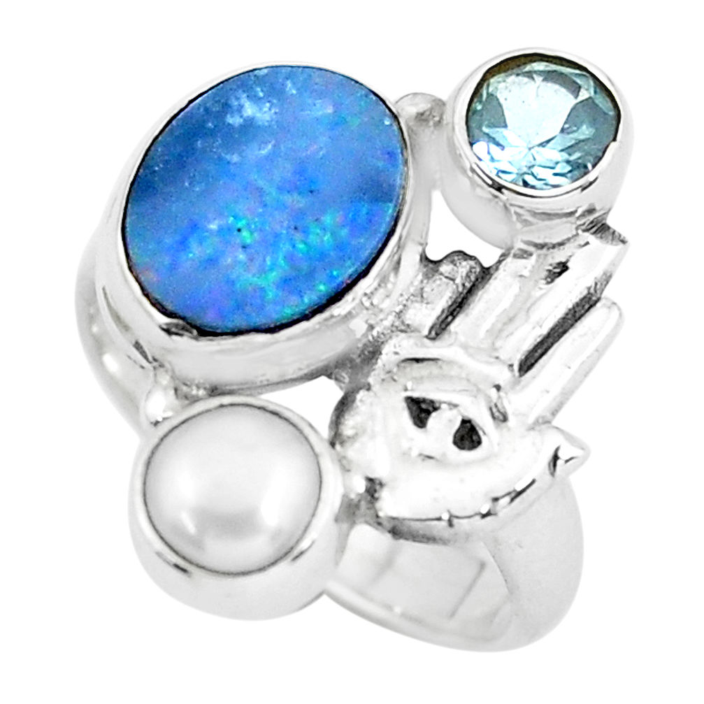 Natural doublet opal australian silver hand of god hamsa ring size 6.5 p61037