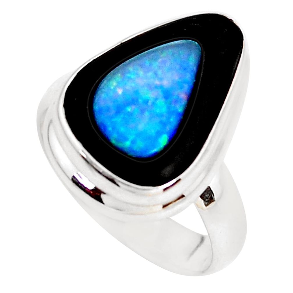 7.53cts natural doublet opal in onyx 925 silver solitaire ring size 7 p53802
