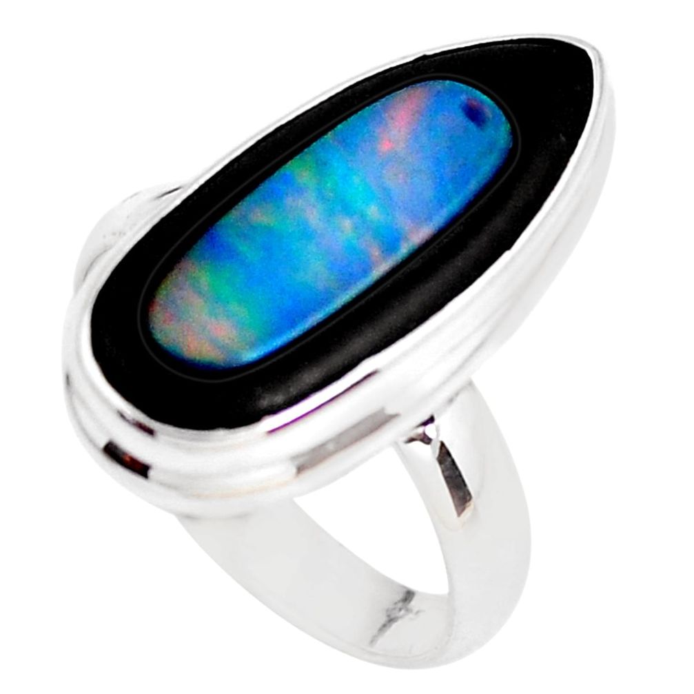 9.42cts natural doublet opal in onyx 925 silver solitaire ring size 7.5 p53808