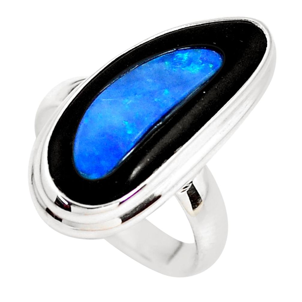 10.84cts natural doublet opal in onyx 925 silver solitaire ring size 7.5 p53814