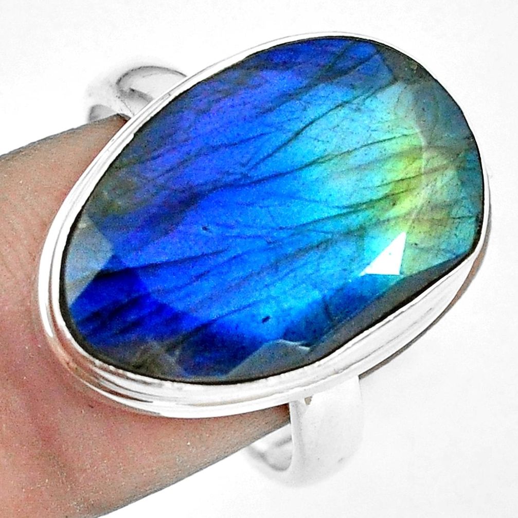 16.46cts natural faceted labradorite 925 silver solitaire ring size 9 p68146