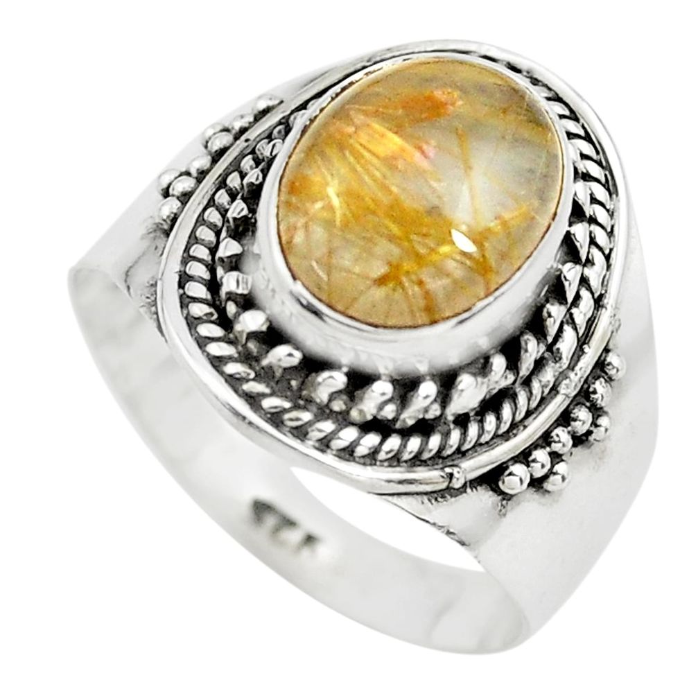 4.22cts natural golden rutile 925 sterling silver solitaire ring size 7.5 p71778
