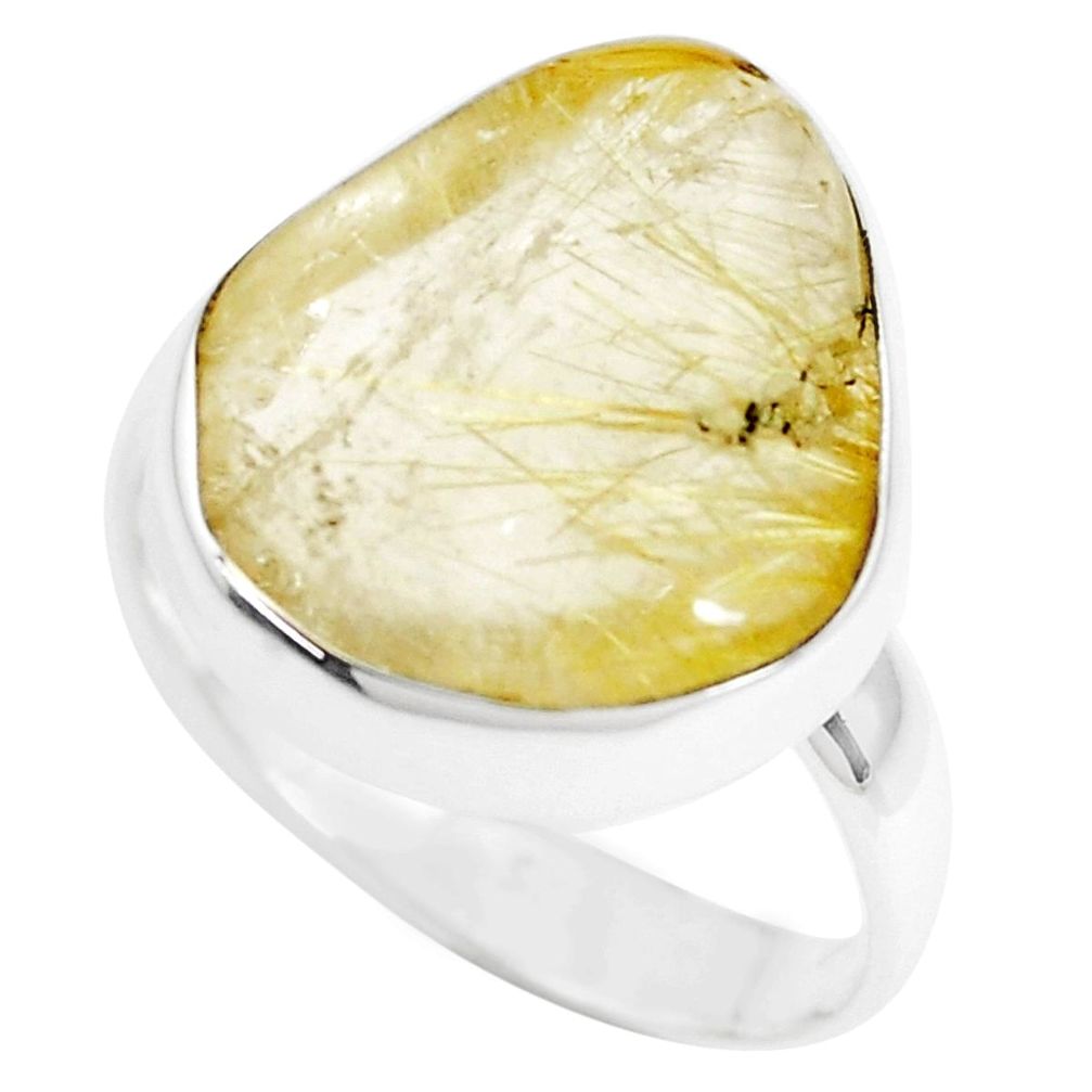 Natural golden tourmaline rutile 925 silver solitaire ring size 9 p44368