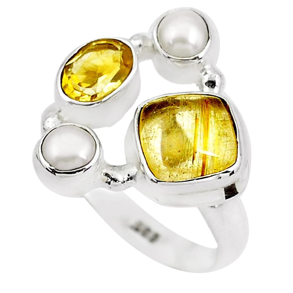 7.66cts natural golden tourmaline rutile citrine 925 silver ring size 8.5 p52490
