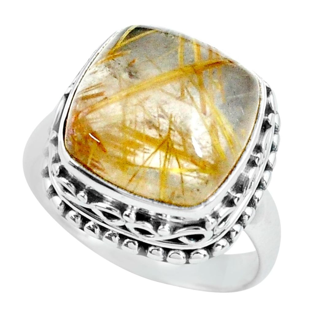 7.36cts natural golden tourmaline rutile silver solitaire ring size 6.5 p67563