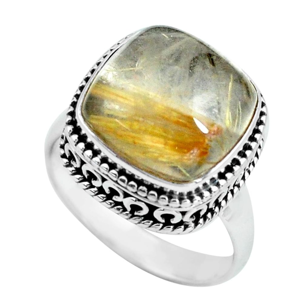 7.13cts natural golden tourmaline rutile silver solitaire ring size 6.5 p67571