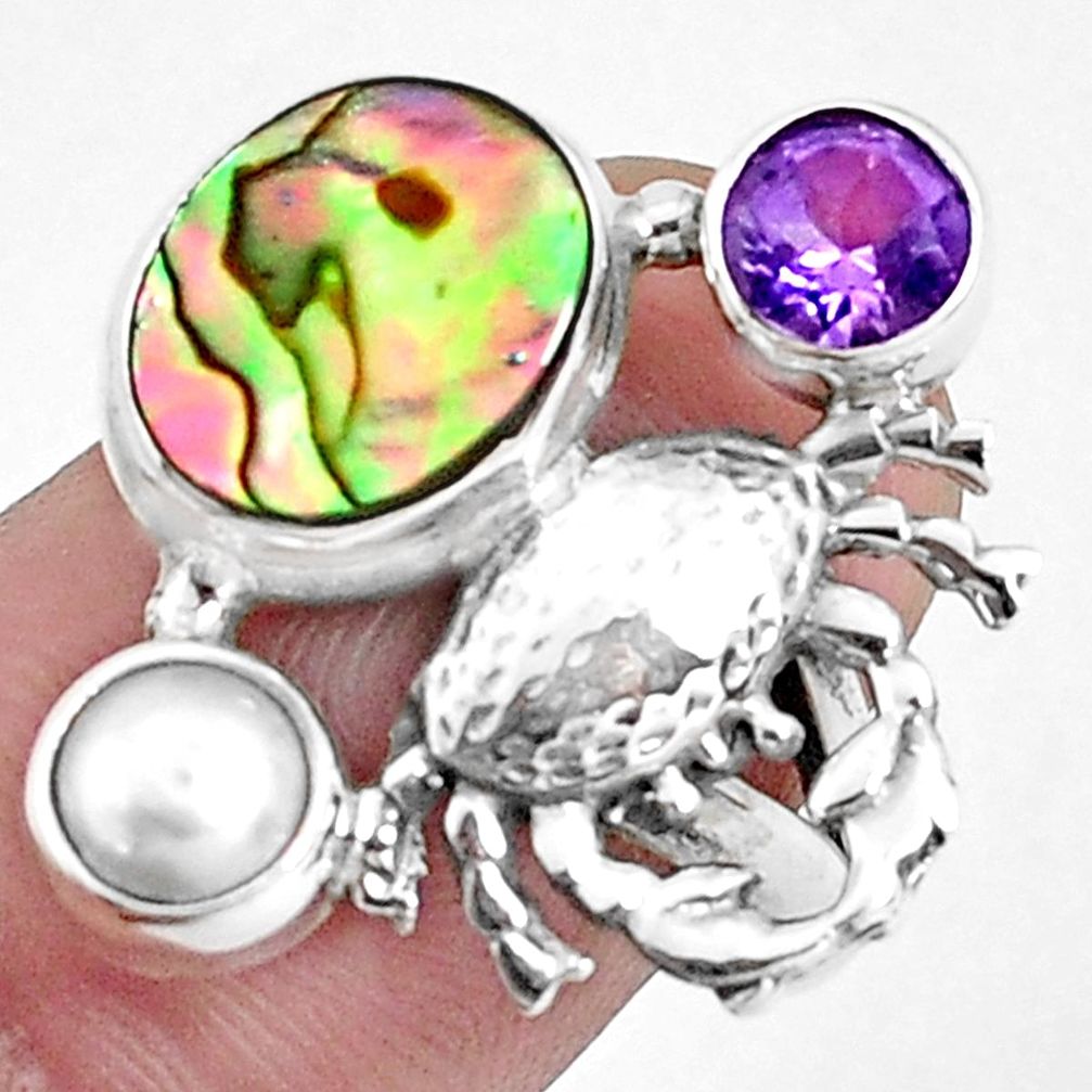 4.82cts natural green abalone paua seashell 925 silver crab ring size 7.5 p42845