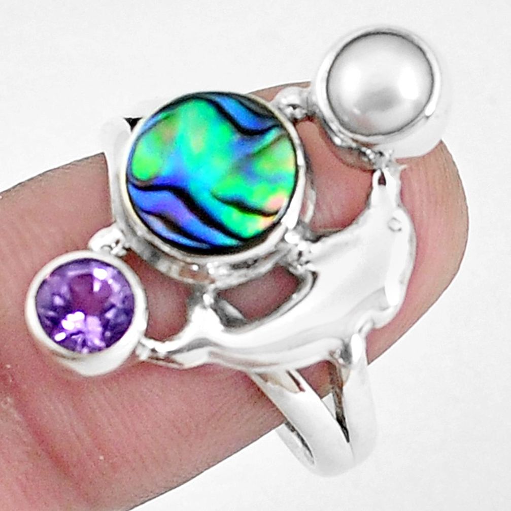 Natural green abalone paua seashell 925 silver dolphin ring size 9 p42855